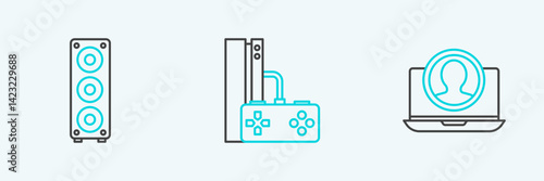 Set line Create account screen, Stereo speaker and Game console with joystick icon. Vector