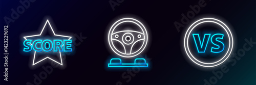 Set line VS Versus battle, Star and Racing simulator cockpit icon. Glowing neon. Vector