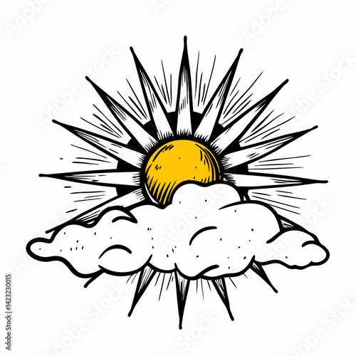 Vibrant sun breaking through clouds in a bold illustration with rays representing positivity and warmth, ideal for art, design, or motivation.