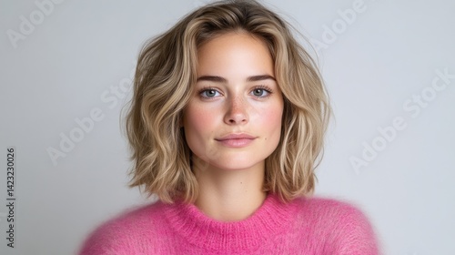 A young woman with short blonde hair wearing a pink sweater, posing against a light grey background, and close-up portrait with soft lighting.