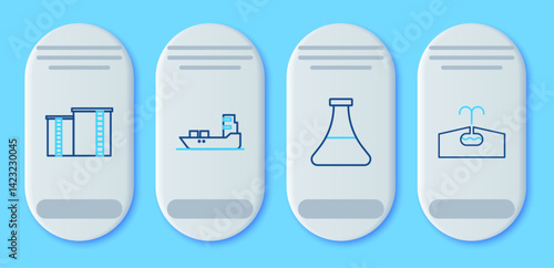 Set line Oil tanker ship, petrol test tube, industrial factory building and Oilfield icon. Vector
