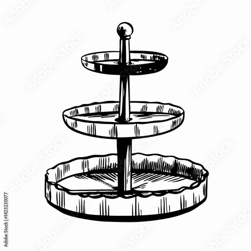 Stylish three-tier pastry stand showcasing desserts, depicted in a detailed monochrome illustration representing elegance in presentation.
