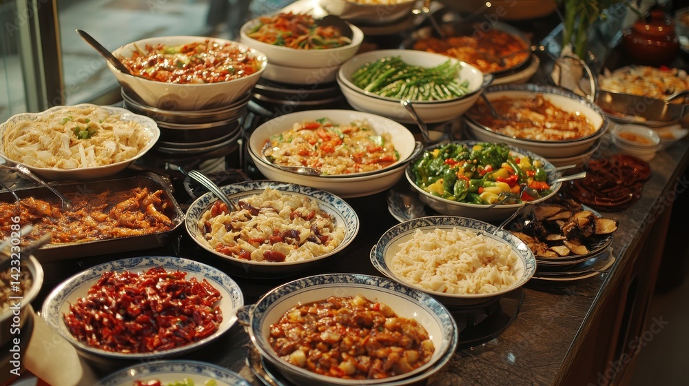 Variety of colorful dishes served at a bustling buffet during lunch in a vibrant dining area Variety of colorful dishes served at a bustling buffet during lunch in a vibrant dining area