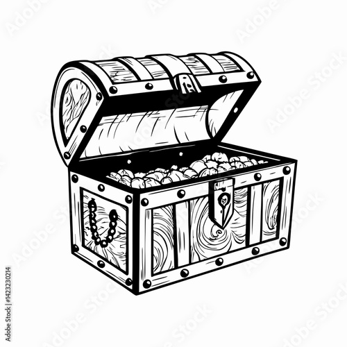 Treasure chest overflowing with gold coins, illustrated in a vintage style, representing adventure, wealth, and hidden fortune.
