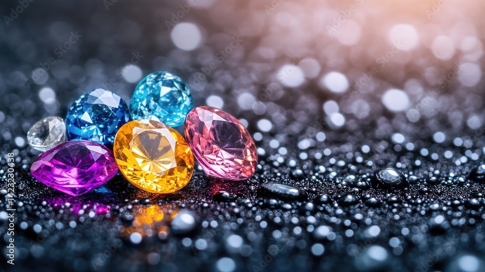 Vibrant collection of jewel gems on sparkling black surface for luxury design and decoration Vibrant collection of jewel gems on sparkling black surface for luxury design and decoration