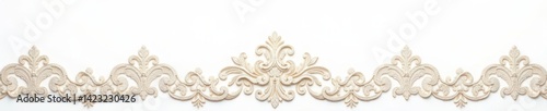 Ornate vintage lace trim overlay on white background featuring delicate scrollwork and subtle sheen, antique style, classical elegance