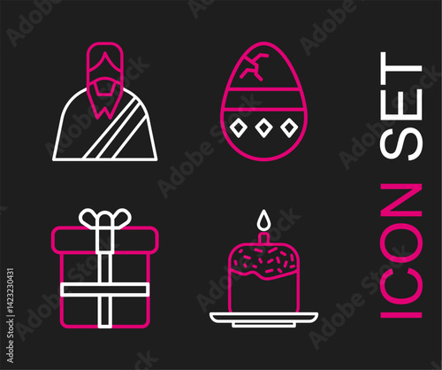 Set line Easter cake and candle, Gift box, Cracked egg and Jesus Christ icon. Vector