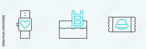 Set line Sports nutrition, Smart watch and Swimming pool with ladder icon. Vector