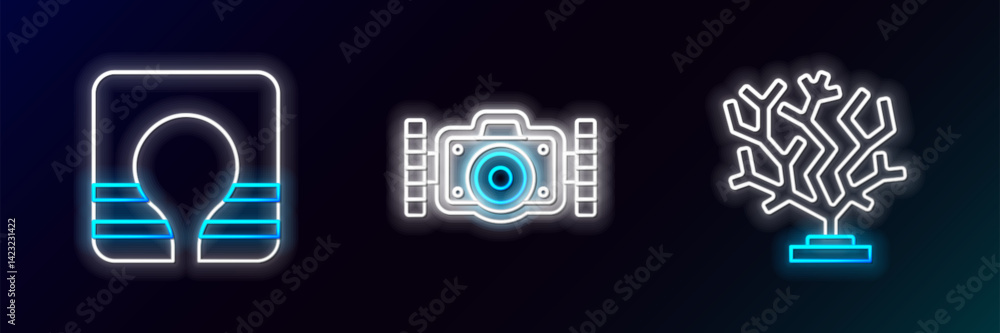 Set line Coral, Life jacket and Photo camera icon. Glowing neon. Vector Set line Coral, Life jacket and Photo camera icon. Glowing neon. Vector
