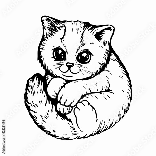 Cute kitten cuddling in a joyful pose showcasing adorable features with simple lines, representing innocence and playfulness.