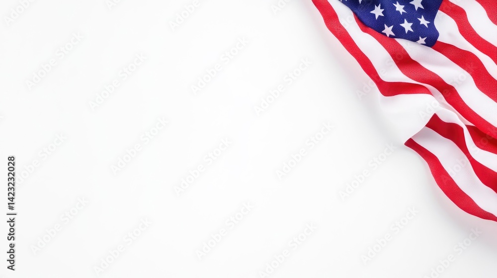 Obraz premium American flag draped in the corner over a clean white background with copy space.