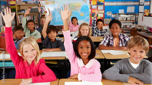 diverse students sitting in a classroom raising their hands eagerly 