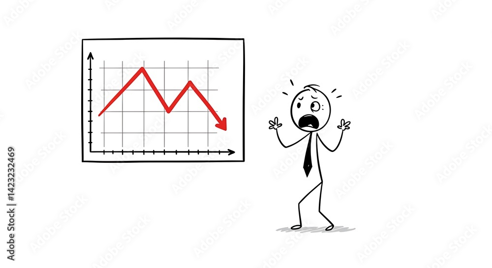 Stick figure businessman feeling down, red arrow symbolizing loss and economic downturn Stick figure businessman feeling down, red arrow symbolizing loss and economic downturn