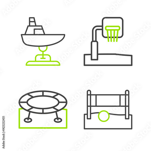 Set line Volleyball net with ball, Jumping trampoline, Basketball backboard and Swing boat icon. Vector