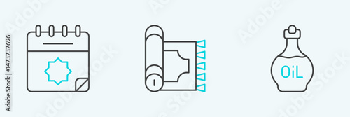 Set line Essential oil bottle, Ramadan calendar and Traditional carpet icon. Vector