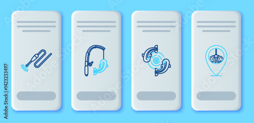 Set line Fishing rod and fish, line with hook float and Location fishing icon. Vector