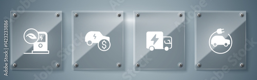 Set Electric car, truck, price and charging station. Square glass panels. Vector