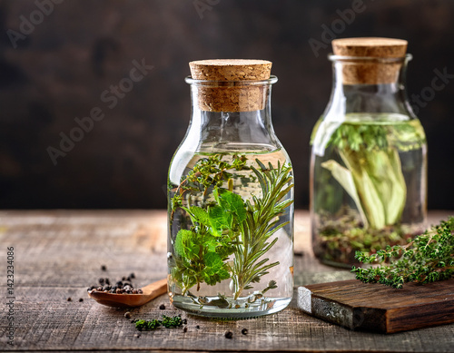 Clear vodka is infused with herbs or spices in glass jars, suggesting artisanal production or homemade flavorings.