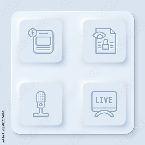 Set line Information, Journalistic investigation, Microphone and Live report. White square button. Vector