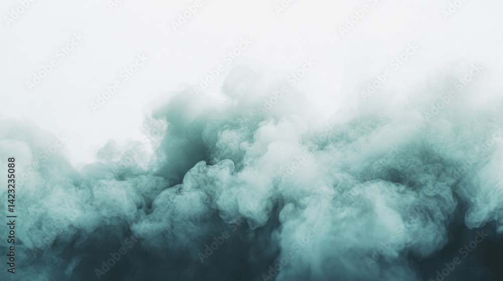 Fototapeta premium Dramatic, teal-toned smoke clouds against a white backdrop