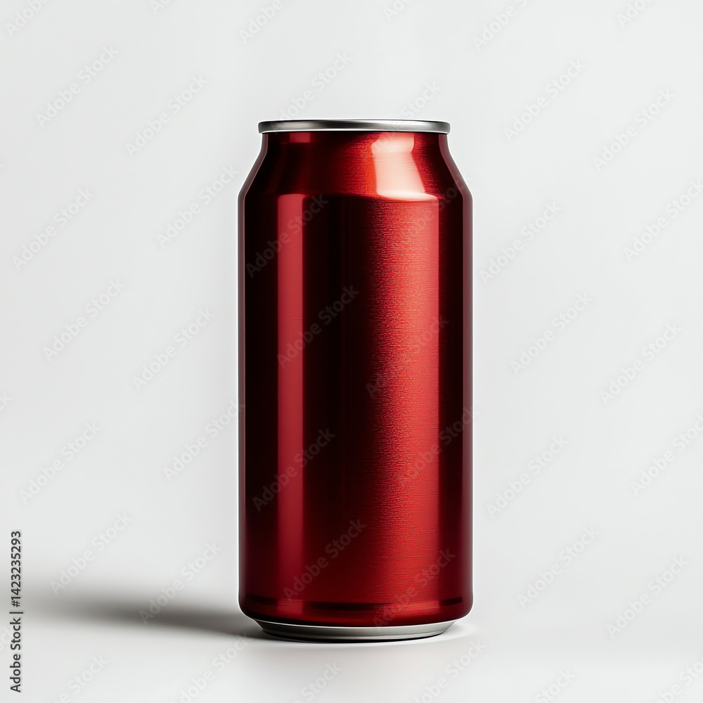 Fototapeta premium A vibrant red aluminum can stands against a stark white background, showcasing its sleek design and metallic sheen.