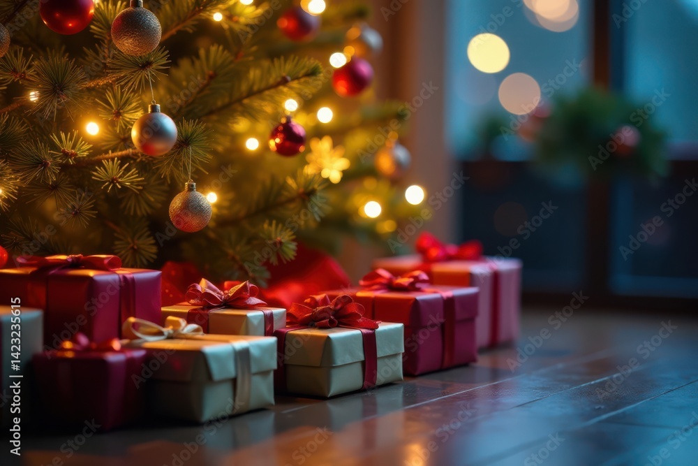 Row of wrapped gifts under a beautifully lit Christmas tree, season, gifts Row of wrapped gifts under a beautifully lit Christmas tree, season, gifts