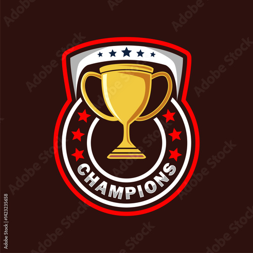 champion trophy logo emblem design with shield design, gold cup icon vector illustration perfect for sports teams, tournaments, or award 