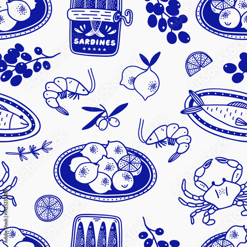 Mediterranean Cuisine Seamless Pattern. Hand Drawn Food Background for Menu design.