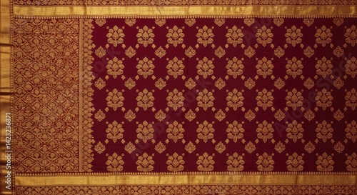 Luxurious Banarasi Silk Background Intricate Gold Zari Embroidery Floral
