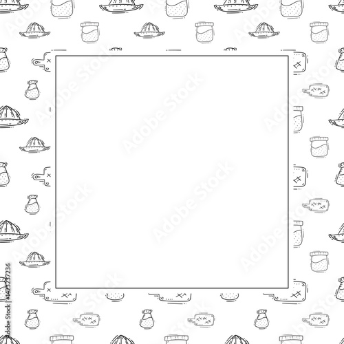 kitchen utensil frame. doodle kitchenware square frame. kitchen background