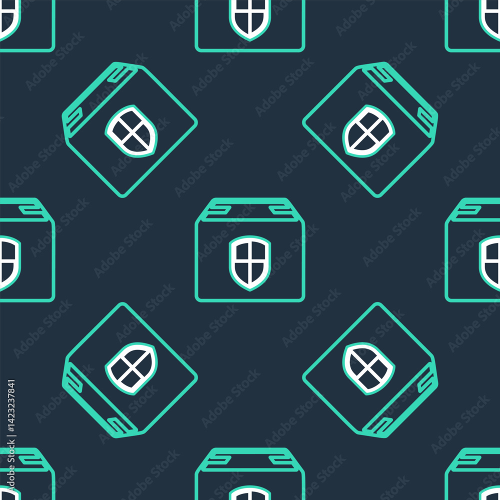 Line Delivery pack security symbol with shield icon isolated seamless pattern on black background. Delivery insurance. Insured cardboard boxes beyond the shield. Vector Line Delivery pack security symbol with shield icon isolated seamless pattern on black background. Delivery insurance. Insured cardboard boxes beyond the shield. Vector
