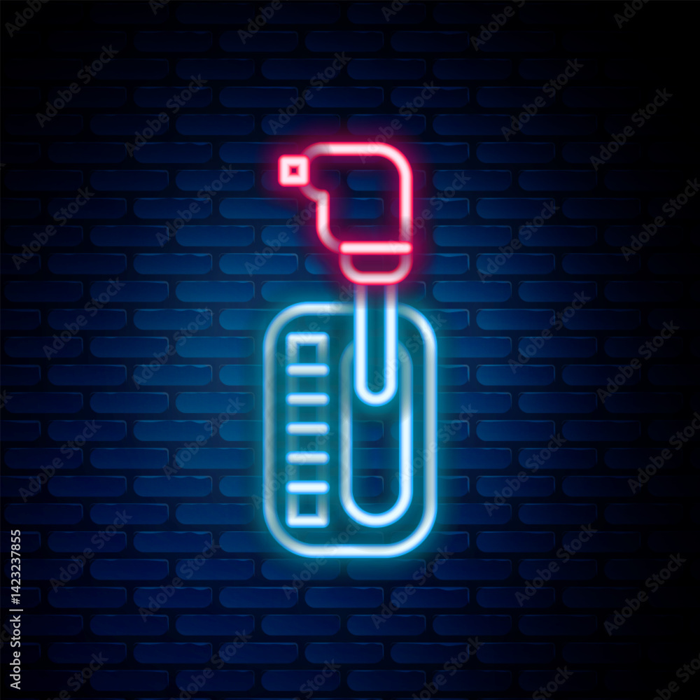 Ταπετσαρία Glowing neon line Gear shifter icon isolated on brick wall background