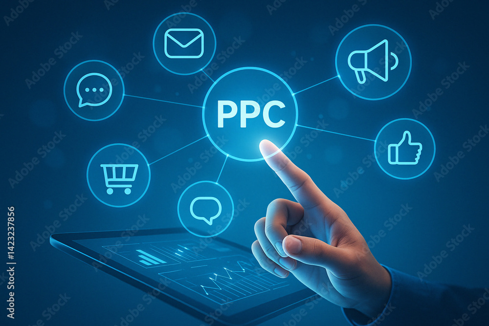 PPC Digital Marketing Strategy Concept with Touchscreen Interface and Online Advertising Icons in Blue Technology Theme
PPC Digital Marketing Strategy Concept with Touchscreen Interface and Online Advertising Icons in Blue Technology Theme