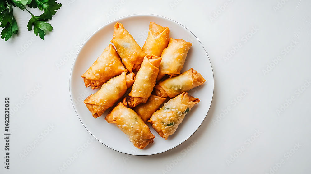 Plate of crispy golden egg rolls filled with fresh vegetables and herbs ready to enjoy Plate of crispy golden egg rolls filled with fresh vegetables and herbs ready to enjoy
