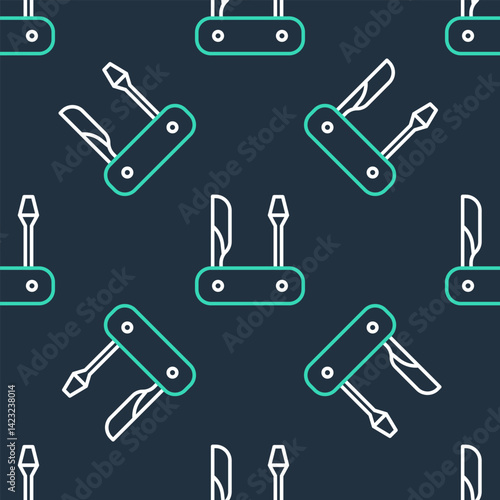 Line Swiss army knife icon isolated seamless pattern on black background. Multi-tool, multipurpose penknife. Multifunctional tool. Vector