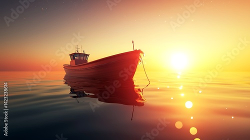 Serene solitary vessel mirroring reflections amidst a golden sunset tranquil seas