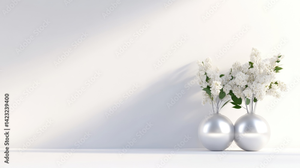 Minimalist white flowers in silver vases on a white shelf Minimalist white flowers in silver vases on a white shelf