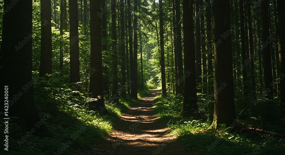Fototapeta premium Forest Path Through Tall Trees in Woodland Area