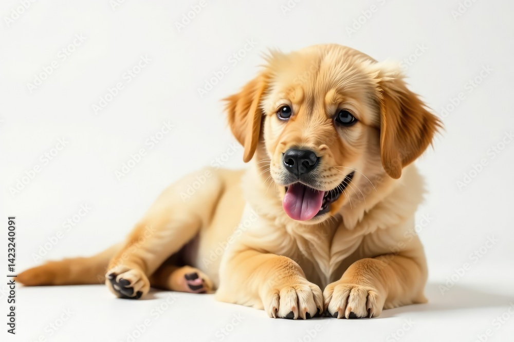 Golden Retriever puppy playfully rests on a white backdrop , canine, animal photography, animal Golden Retriever puppy playfully rests on a white backdrop , canine, animal photography, animal