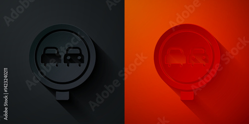 Paper cut No overtaking road traffic icon isolated on black and red background. Traffic rules and safe driving. Paper art style. Vector