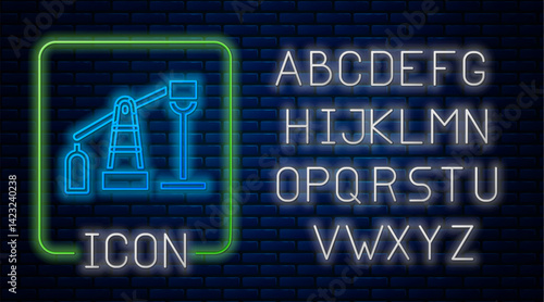 Glowing neon Oil pump or pump jack icon isolated on brick wall background. Oil rig. Neon light alphabet. Vector