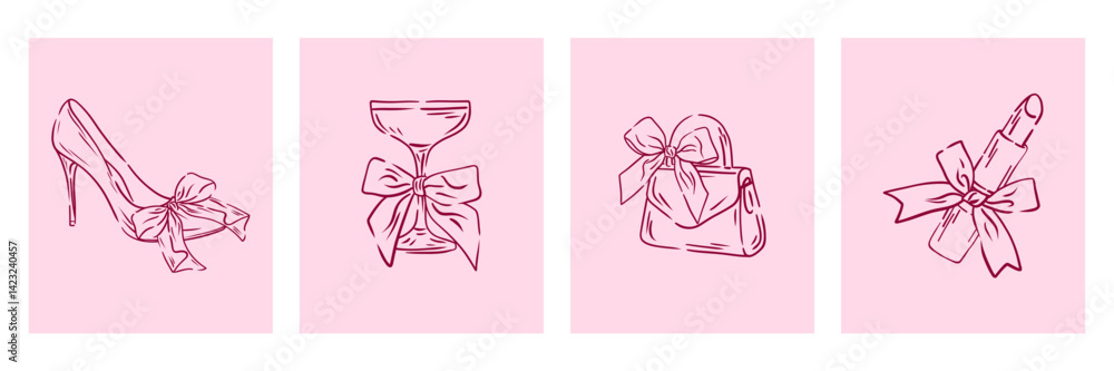 Set coquette girly elements. Hand drawn Aesthetic elegant decor for Valentine day, wedding, cards. Line art of shoes, lipstick, bag, glass. Set coquette girly elements. Hand drawn Aesthetic elegant decor for Valentine day, wedding, cards. Line art of shoes, lipstick, bag, glass.