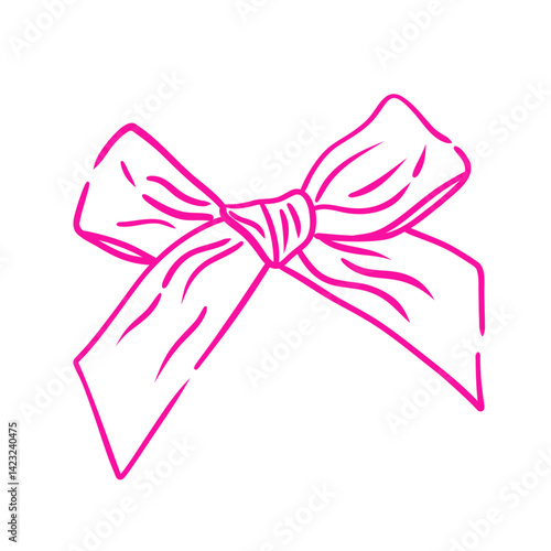 Hand drawn line vintage girly decor. Aesthetic elegant girly pink bow. Coquette bow. Trendy element for Valentine day and wedding, christmas.