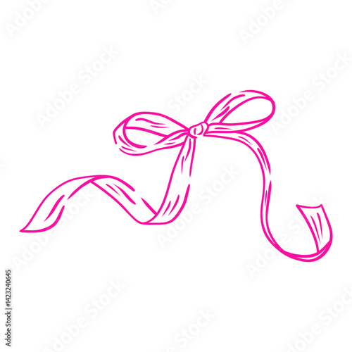 Coquette bow. Aesthetic elegant girly pink bow. Hand drawn vintage girly decor. Trendy element for Valentine day and wedding invitations, christmas cards, poster.