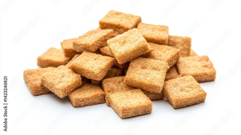 Savory square snacks piled high on a white background at a casual gathering or snack time Savory square snacks piled high on a white background at a casual gathering or snack time