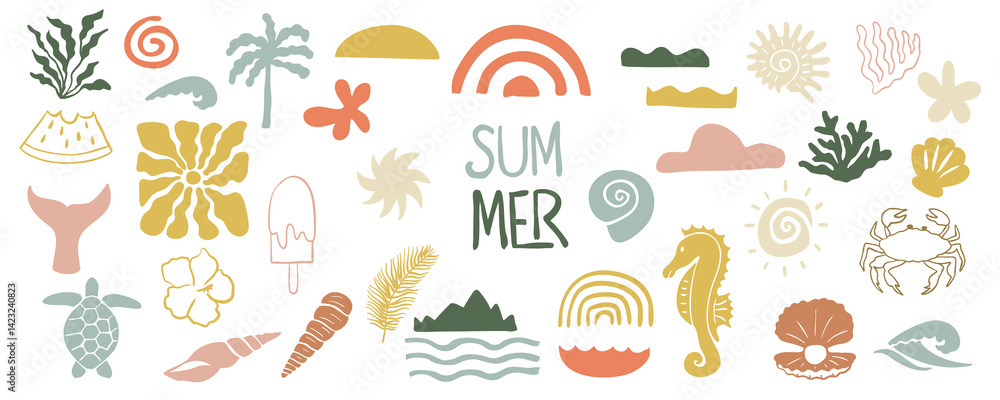 summer groovy icon with rainbow,seahorse,turtle for kid design summer groovy icon with rainbow,seahorse,turtle for kid design