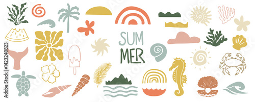summer groovy icon with rainbow,seahorse,turtle for kid design