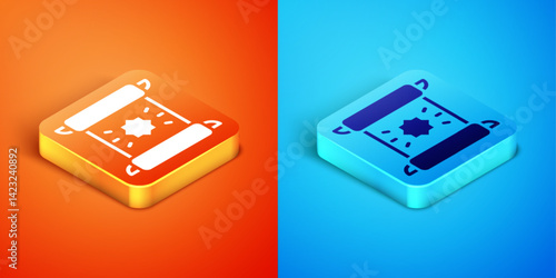 Isometric Decree, paper, parchment, scroll icon icon isolated on orange and blue background. Vector
