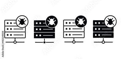 Bug Server Icon Set Black and White Glyph Illustrations of a Server with a Bug Vector Design