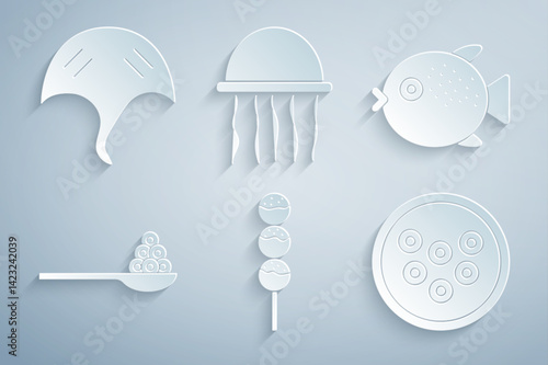 Set Takoyaki on a stick, Puffer fish, Caviar spoon, plate, Jellyfish and Stingray icon. Vector